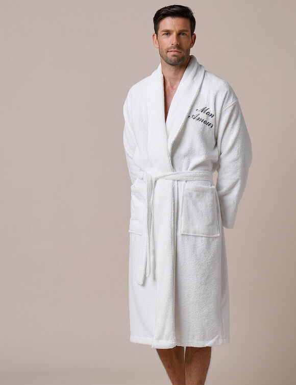 Peignoir mixte adulte éponge bouclette col châle personnalisable (blanc)