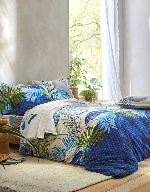 Linge de lit Jane en coton imprimé feuillages (bleu)