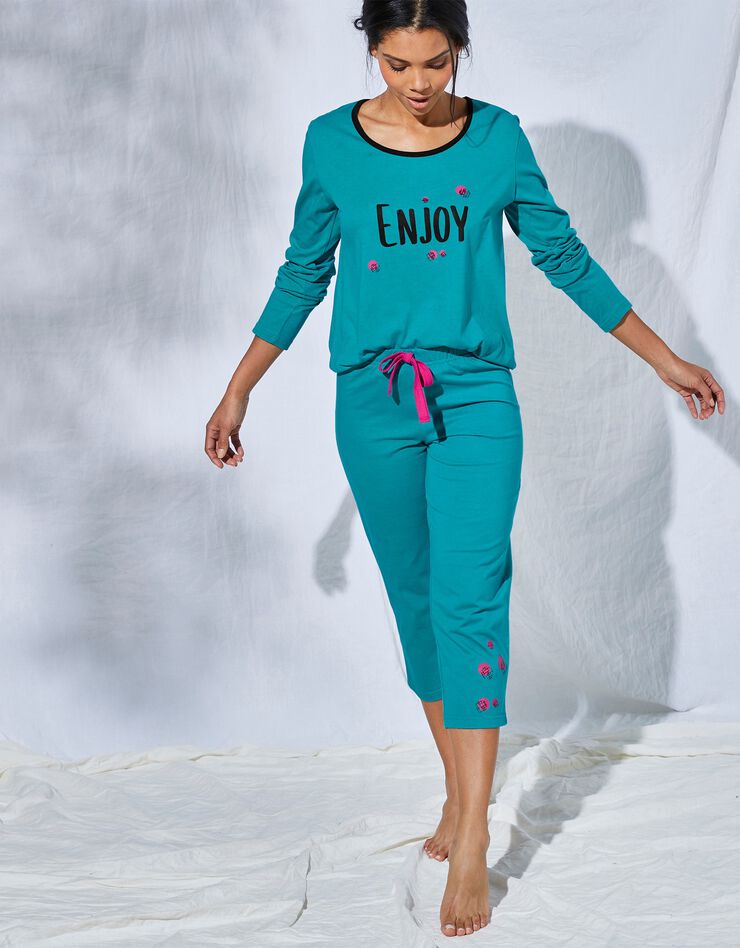 Tee-shirt manches longues coton uni imprimé placé "Enjoy"  (émeraude)