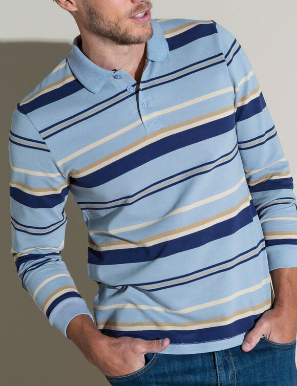 Polo maille piqu&eacute;e ray&eacute;e, manches longues (ciel)