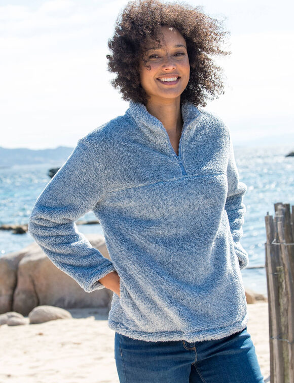 Sweat zippé, maille peluche (bleu grisé chiné)
