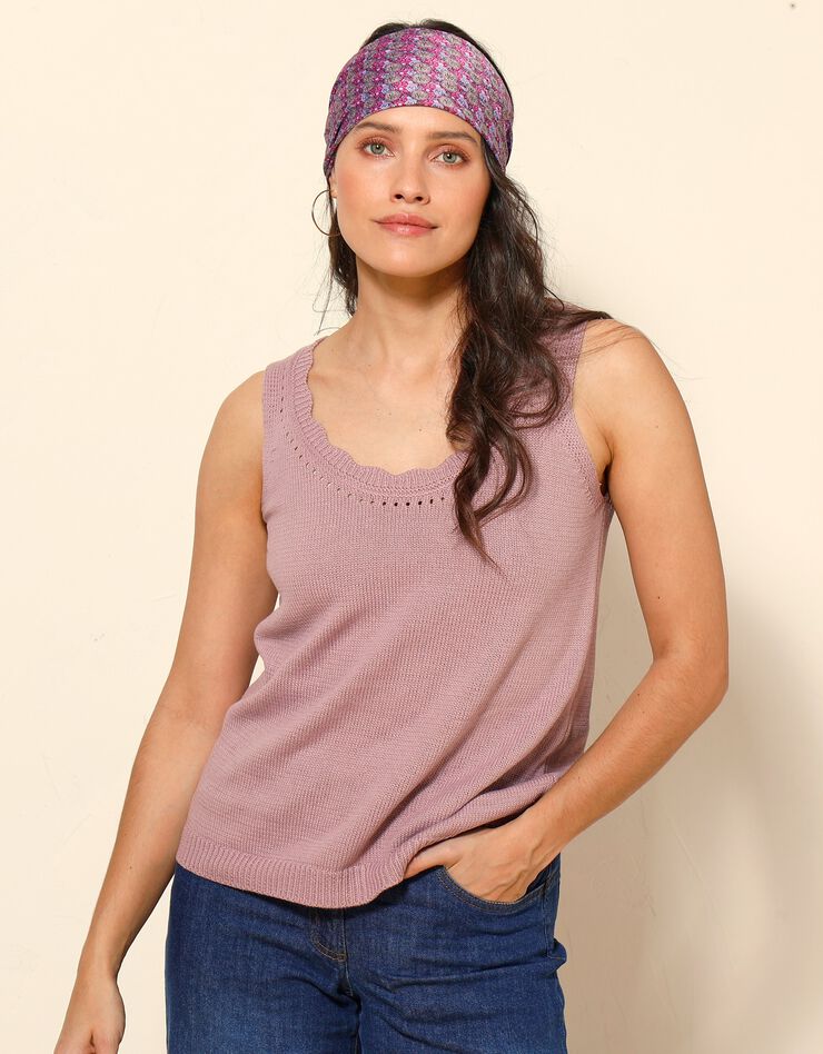 Pull débardeur en maille jersey, col festonné ajouré fantaisie (rose grisé) Pull débardeur en maille jersey, col festonné ajouré fantaisie (rose grisé)