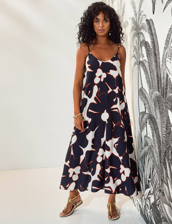 Robe longue imprimée, fines bretelles (noir / blanc)