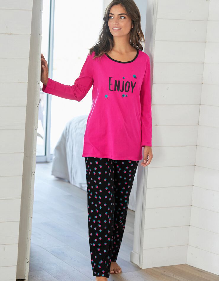 Tee-shirt manches longues coton uni imprimé placé "Enjoy" (fuchsia) Tee-shirt manches longues coton uni imprimé placé "Enjoy" (fuchsia)