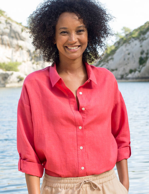 Chemise en coton-lin, manches longues retroussables  (rose)