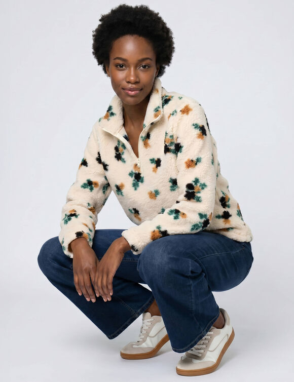 Sweat col montant zipp&eacute; en polaire bouclette, imprim&eacute; fleuri (&eacute;cru / noisette)