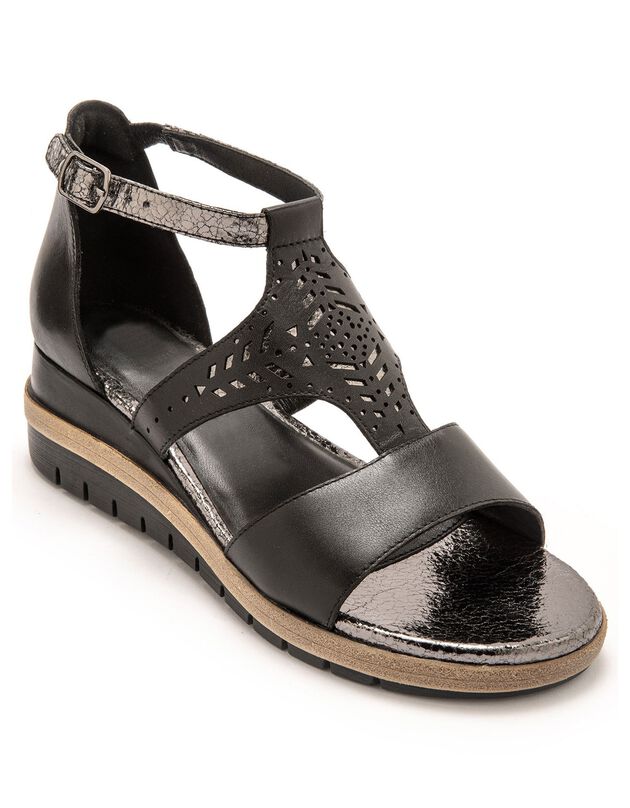 Sandales cuir ajouré pailleté largeur confort (noir)