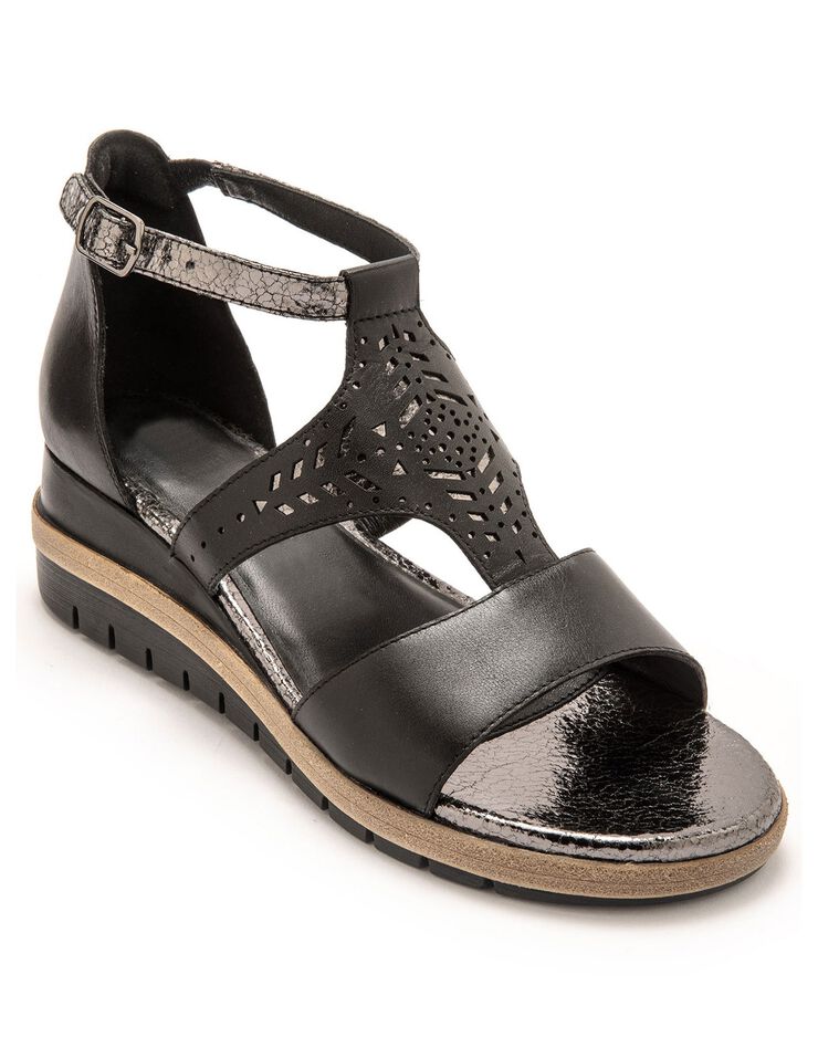 Sandales cuir ajouré pailleté largeur confort (noir)