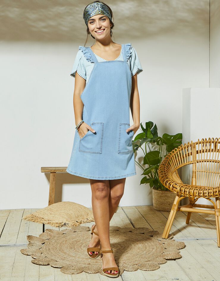 Robe salopette bretelles volantées en jean (bleached)