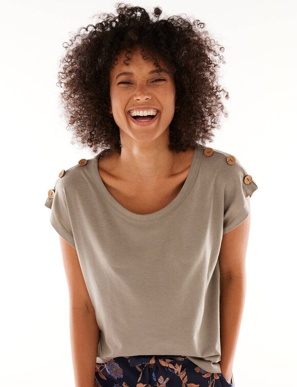 T-shirt uni d&eacute;tail boutonn&eacute; maille jersey (kaki clair)
