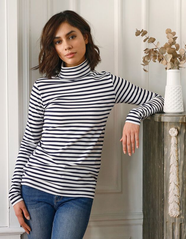 Sous-pull col roulé coton stretch rayé (écru / marine)