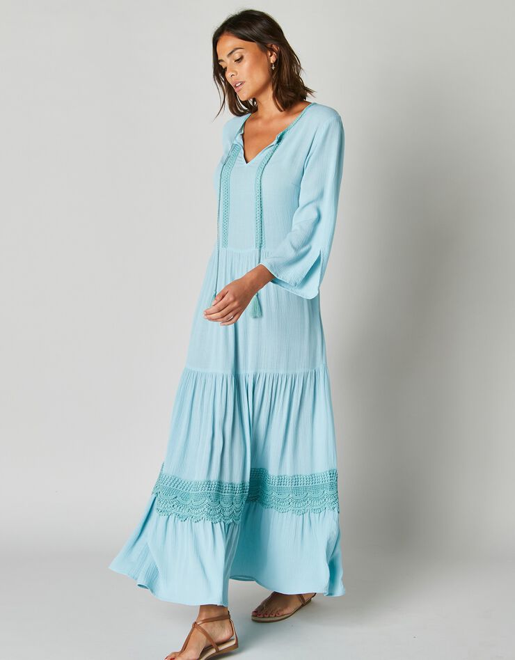 Robe longue unie manches 3/4 fendues, crépon (aqua)