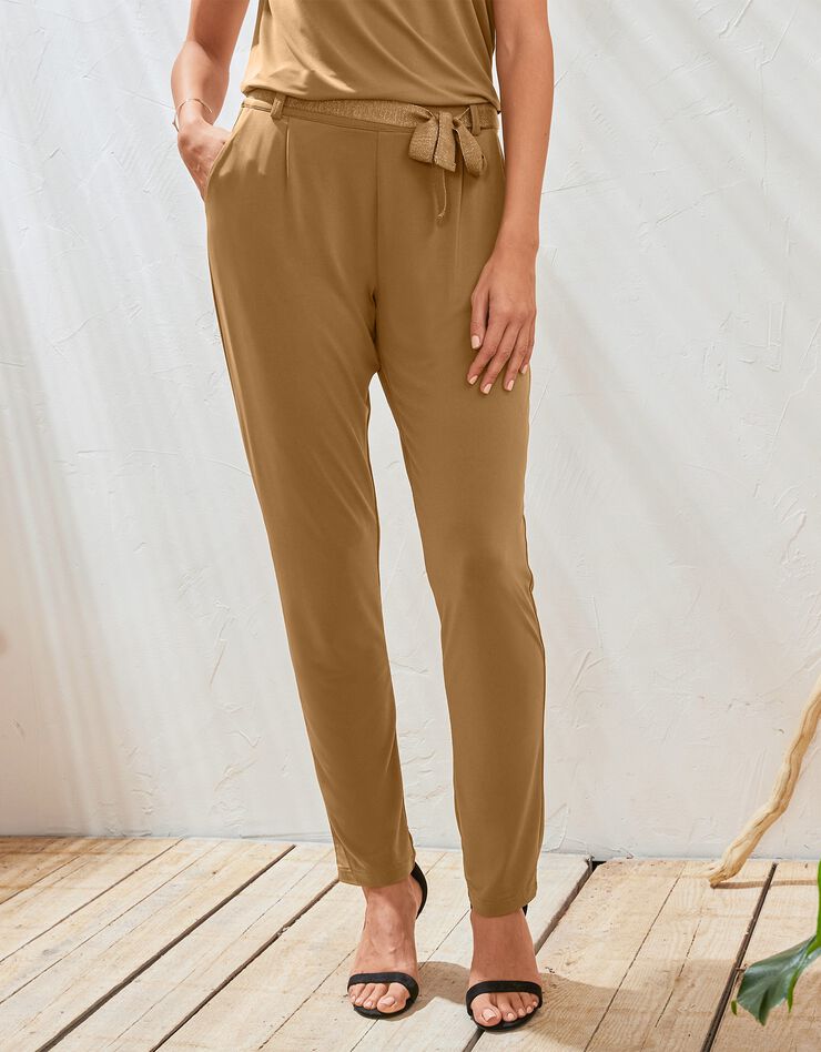 Pantalon coupe droite uni, maille (tabac) Pantalon coupe droite uni, maille (tabac)