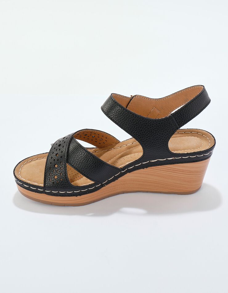 Sandales compensées ajourées semelle effet bois (noir)