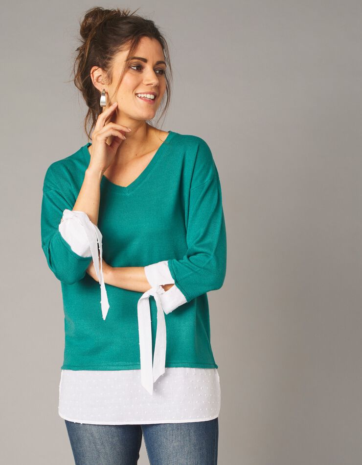 Pull bi-matière plumetis effet 2en1 toucher cachemire (émeraude) Pull bi-matière plumetis effet 2en1 toucher cachemire (émeraude)