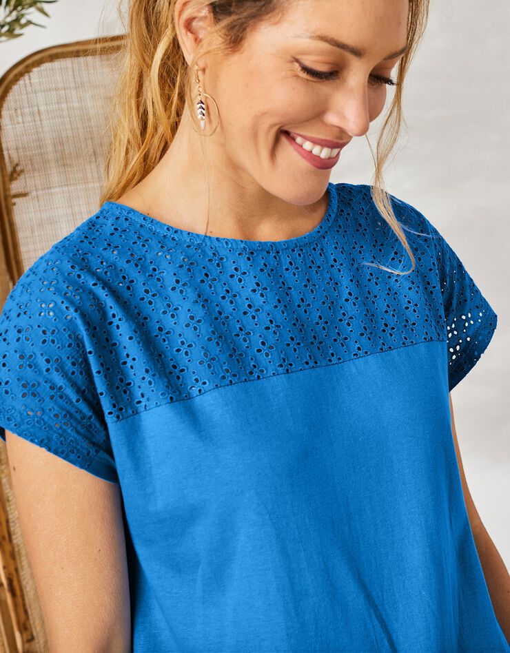 Tee-shirt broderie anglaise manches courtes (bleu) Tee-shirt broderie anglaise manches courtes (bleu)