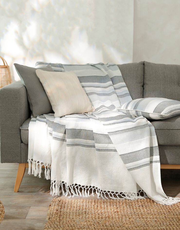 Plaid jeté multicolore coton tissage artisanal (gris perle) Plaid jeté multicolore coton tissage artisanal (gris perle)