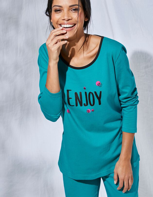 Tee-shirt manches longues coton uni imprimé placé "Enjoy"  (émeraude)