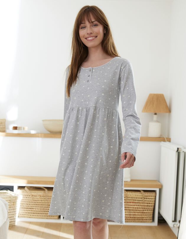 Chemise de nuit manches longues coton imprimé fleuri -col boutonné  (gris chiné)