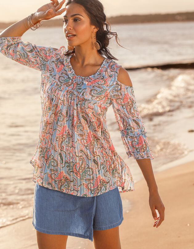 Blouse imprimée volantée épaules dénudées (bleu)