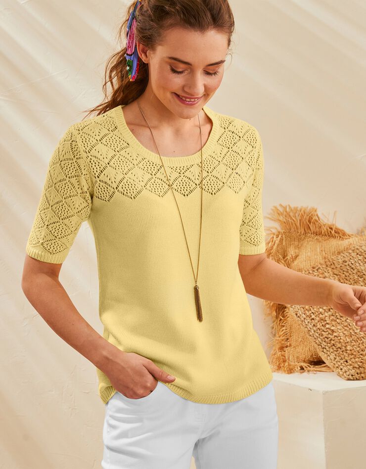 Pull manches courtes, maille ajourée toucher cachemire (jaune) Pull manches courtes, maille ajourée toucher cachemire (jaune)