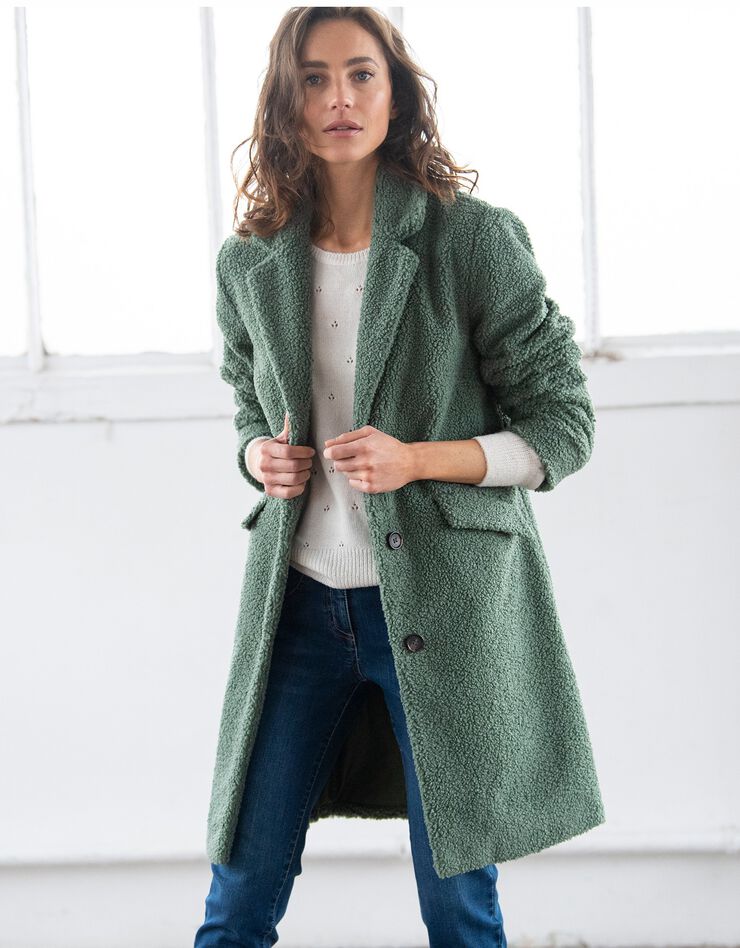 Manteau maille bouclette col tailleur (vert grisé)