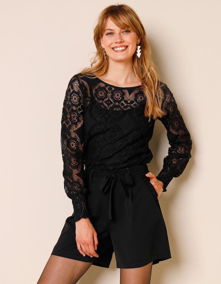 Tee-shirt dentelle manches longues blousantes (noir) Tee-shirt dentelle manches longues blousantes (noir)