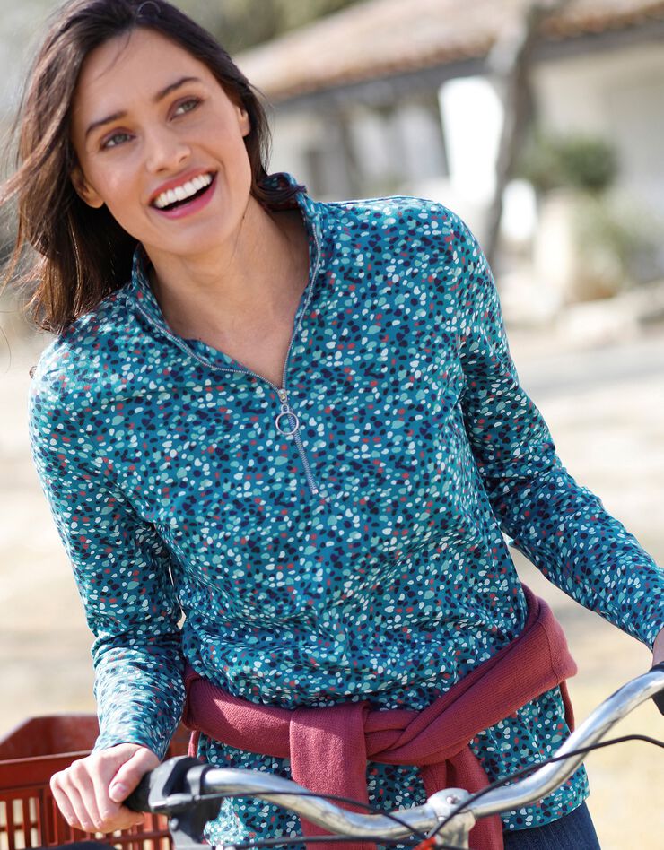 Tee-shirt col montant zippé imprimé (bleu canard) Tee-shirt col montant zippé imprimé (bleu canard)