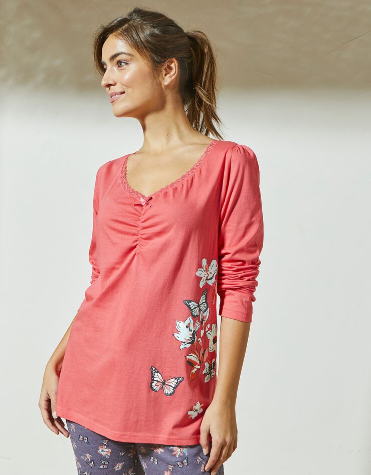 T-shirt pyjama manches longues imprimé placé papillons (corail) T-shirt pyjama manches longues imprimé placé papillons (corail)
