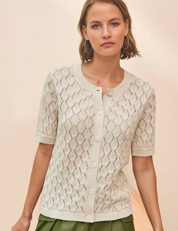 Gilet manches courtes, maille ajour&eacute;e (&eacute;cru)