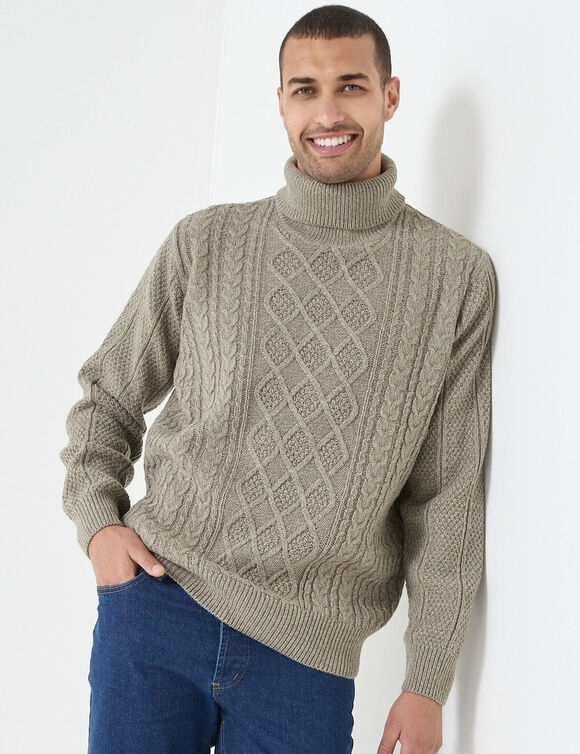 Pull col roulé maille irlandaise (taupe mouliné)