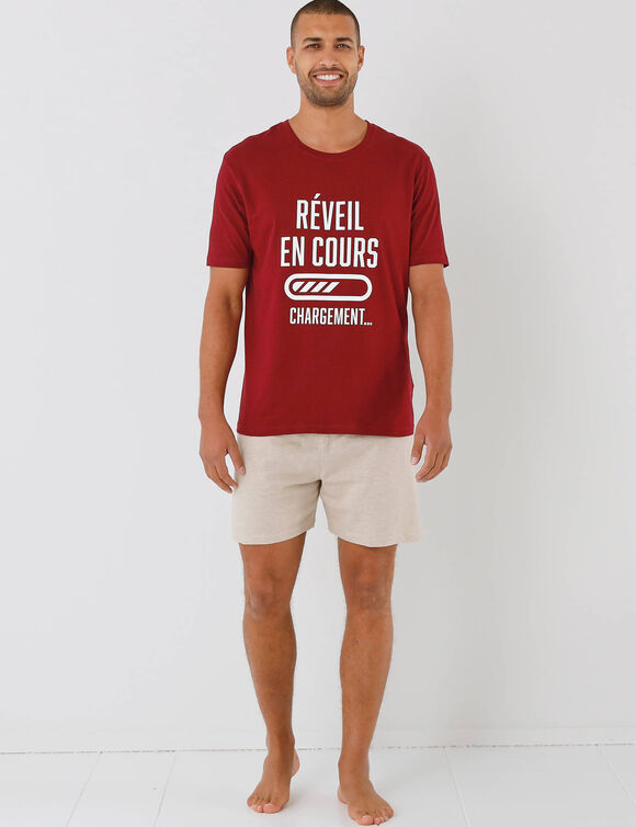 Pyjama short col rond &agrave; message (bordeaux)