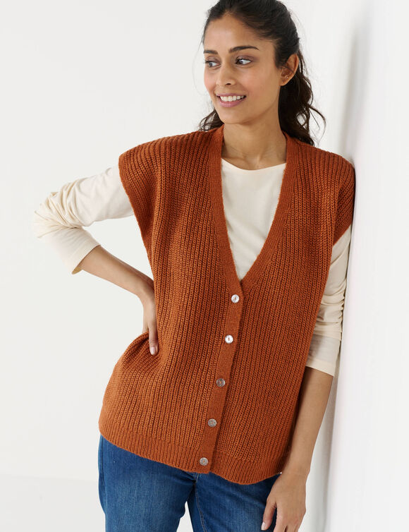 Gilet sans manches &agrave; boutons paillet&eacute;s, maille anglaise (caramel)