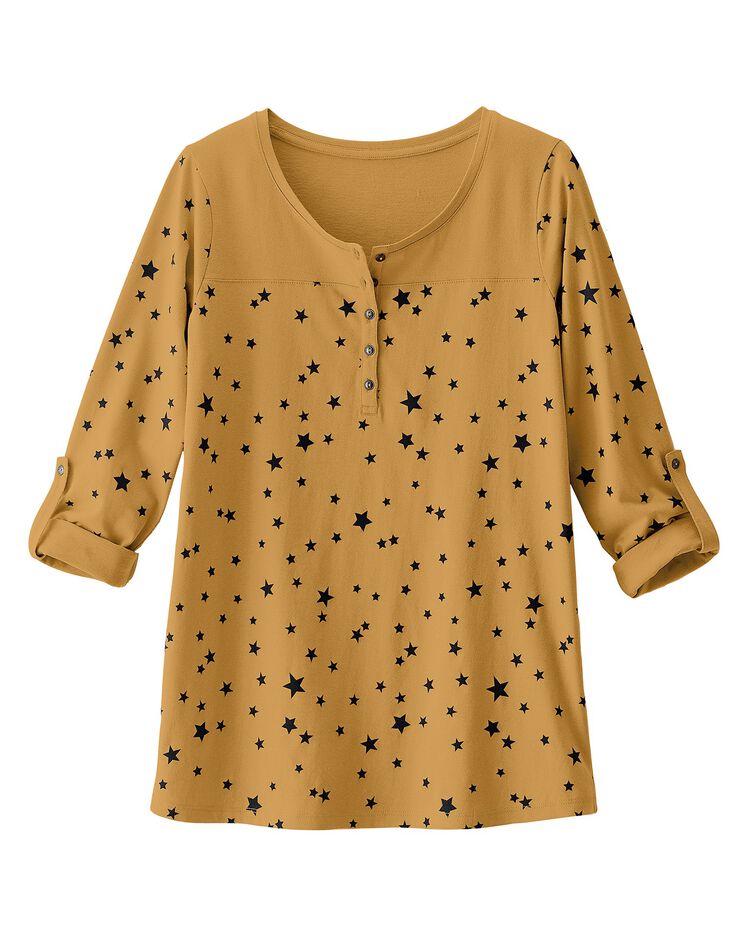Tee-shirt col tunisien "étoiles" (miel / marine) Tee-shirt col tunisien "étoiles" (miel / marine)