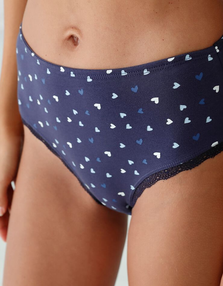 Culotte taille haute coton stretch imprimé " coeurs" et dentelle - lot de 3 (marine / bleu) Culotte taille haute coton stretch imprimé " coeurs" et dentelle - lot de 3 (marine / bleu)