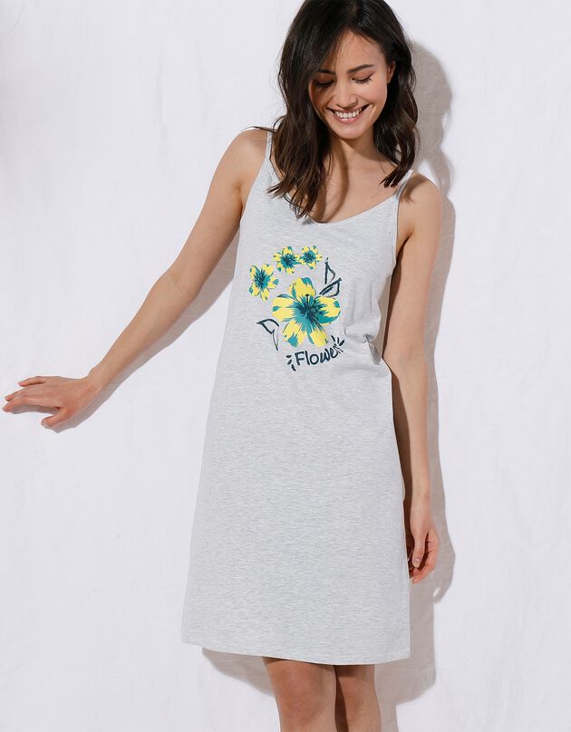 Nuisette coton impression placée « fleur de Tiaré » (gris chiné) Nuisette coton impression placée « fleur de Tiaré » (gris chiné)