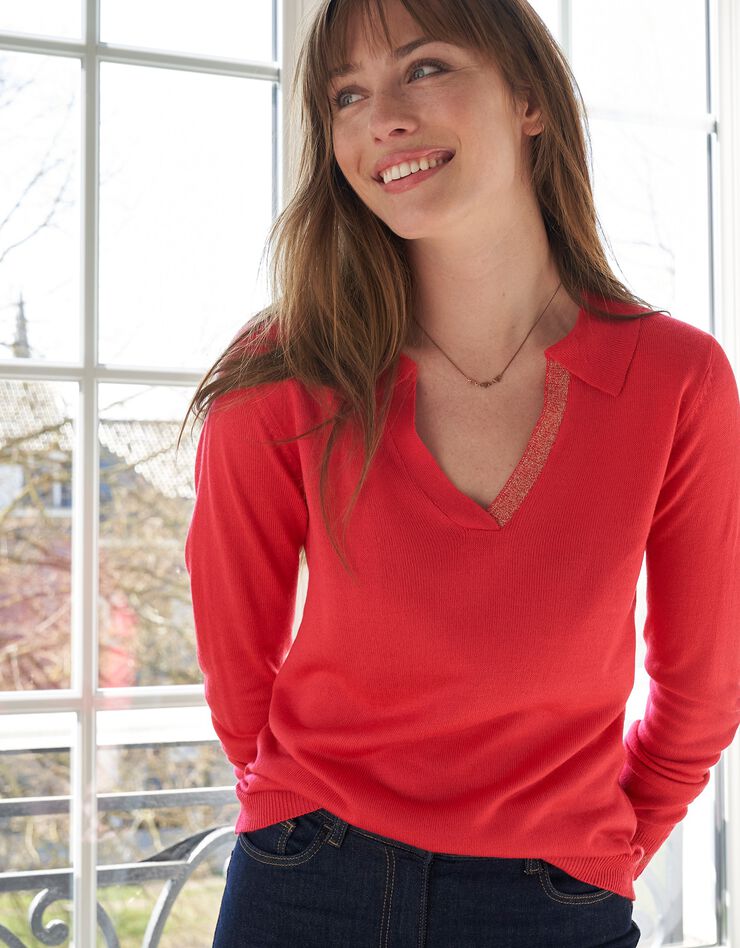 Pull col polo détails brillants, toucher cachemire (cerise) Pull col polo détails brillants, toucher cachemire (cerise)