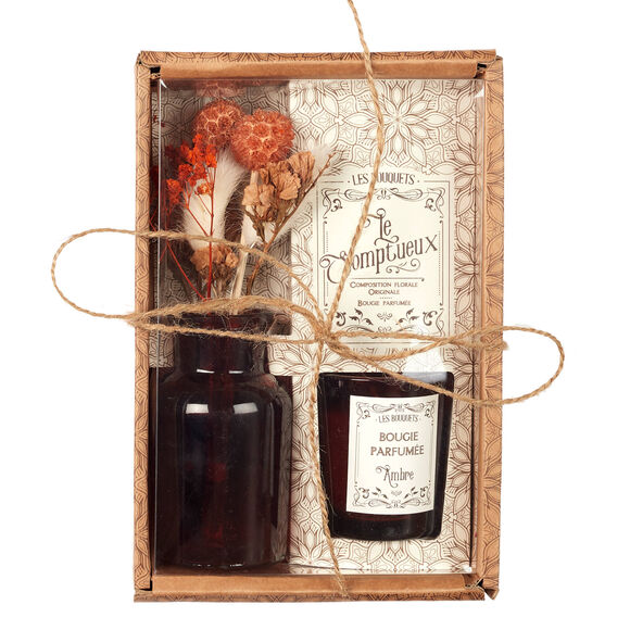 Coffret avec bougie parfumée, vase et fleurs séchées (rouge)