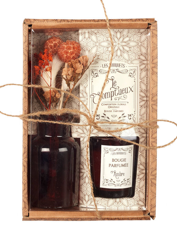 Coffret avec bougie parfumée, vase et fleurs séchées (rouge)