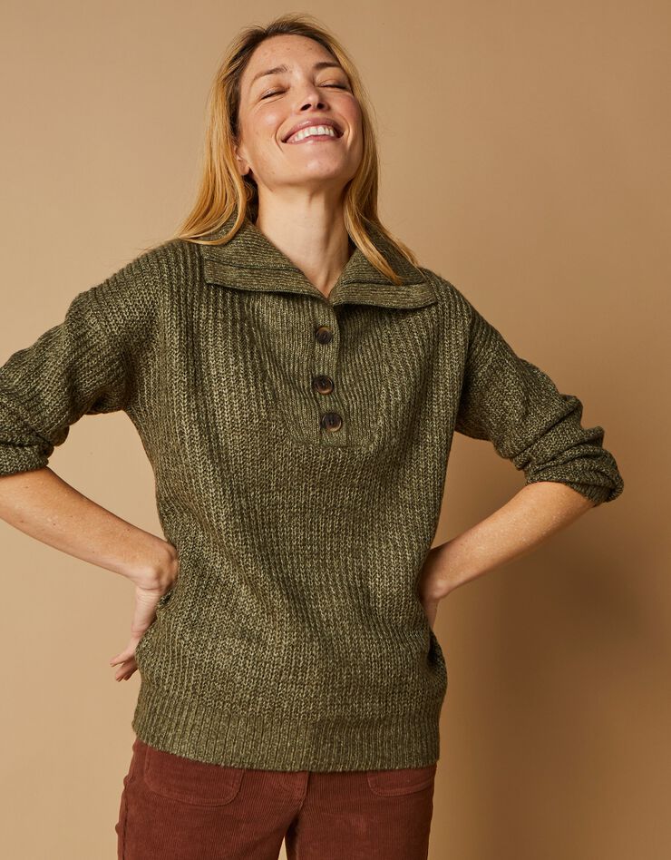 Pull col camionneur, maille anglaise toucher mohair (kaki chiné) Pull col camionneur, maille anglaise toucher mohair (kaki chiné)