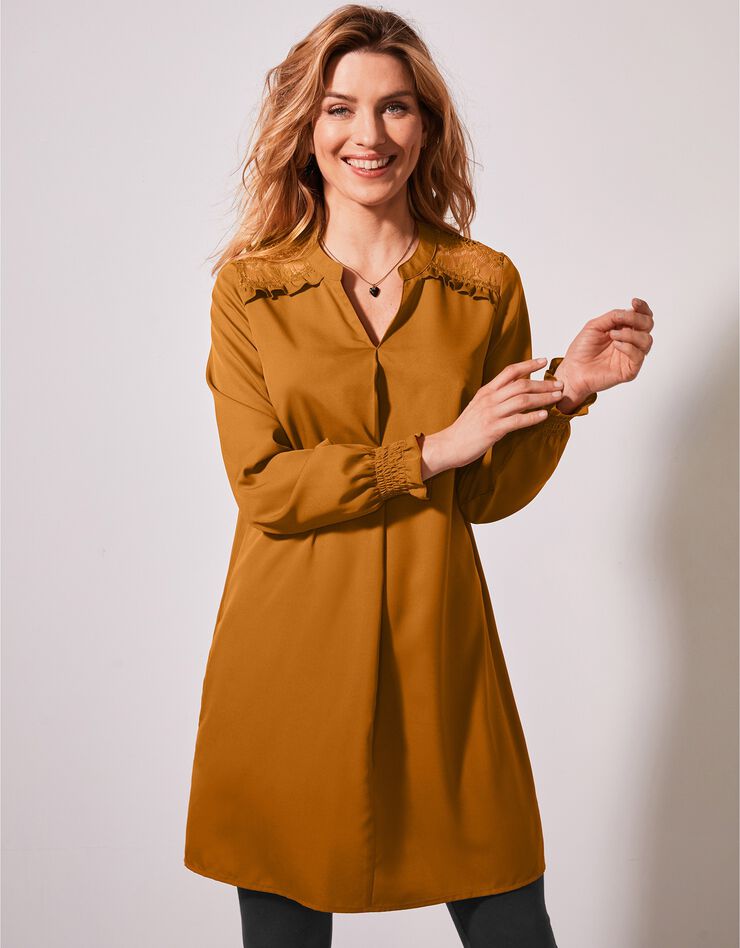 Tunique dentelle manches longues unie (caramel) Tunique dentelle manches longues unie (caramel)