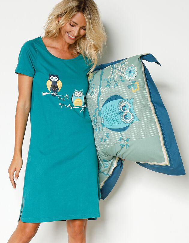 Chemise de nuit imprimé hiboux manches courtes (vert sapin)