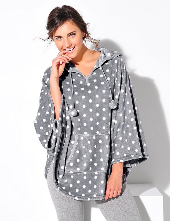 Poncho à capuche, maille polaire toucher peluche (gris imprimé pois)