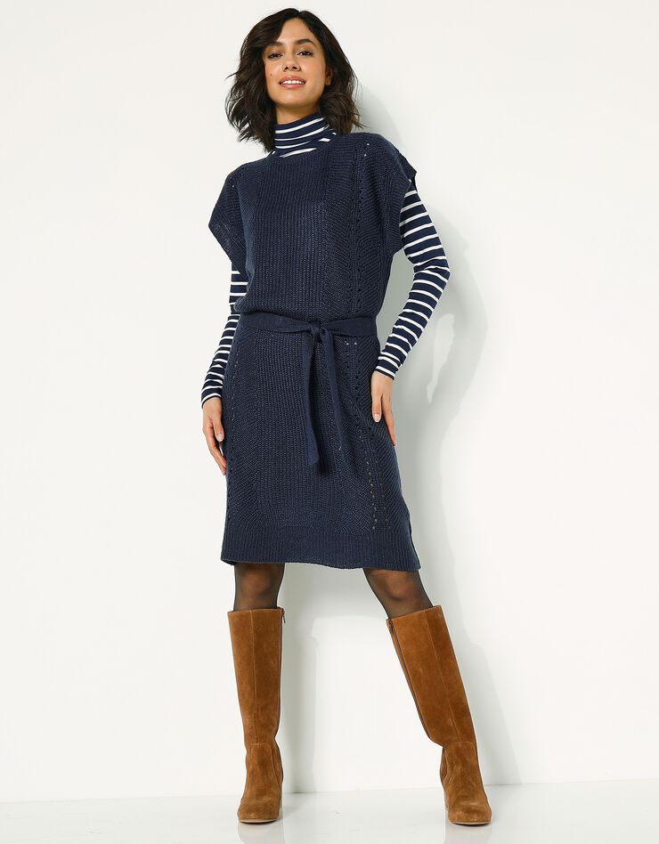 Robe manches courtes ceinturée - toucher mohair (marine) Robe manches courtes ceinturée - toucher mohair (marine)