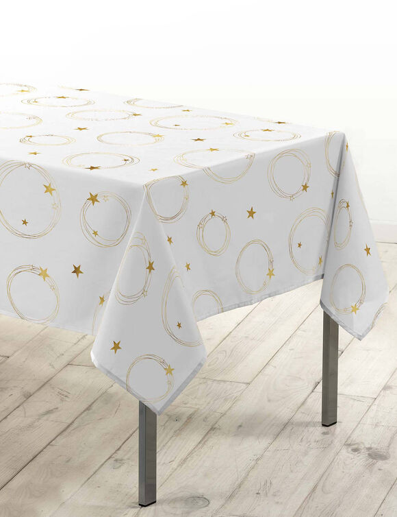 Nappe imprim&eacute;e &eacute;toiles dor&eacute;es (blanc / dor&eacute;)