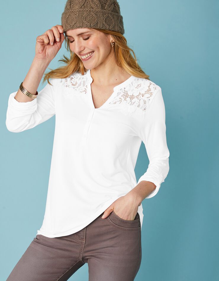 Tee-shirt col tunisien dentelle jersey (blanc) Tee-shirt col tunisien dentelle jersey (blanc)