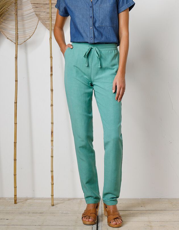 Pantalon fuselé fluide, lin-coton (vert)