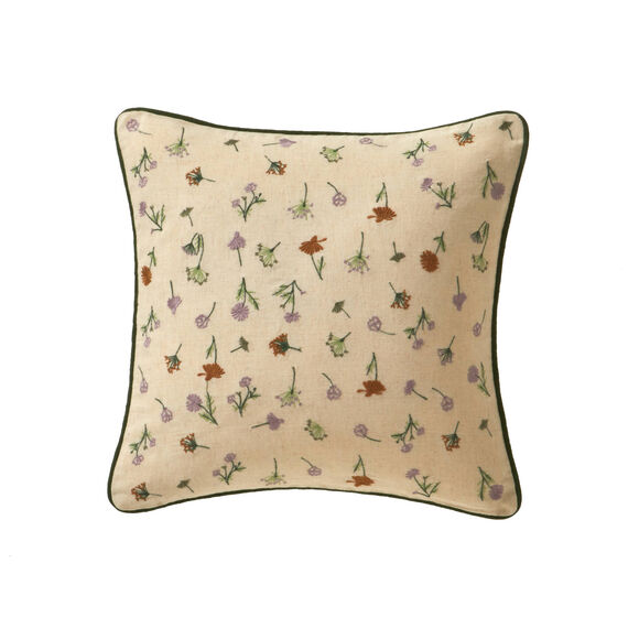 Coussin coton lin broderie fleurie (vert / parme)