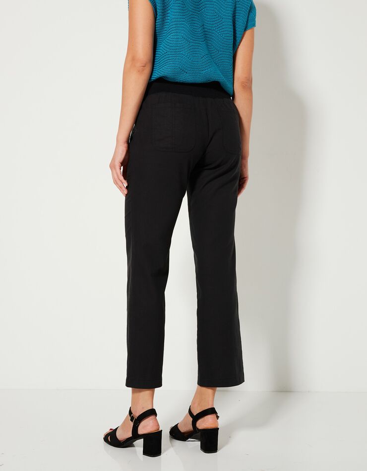 Pantalon coupe droite 7/8ème taille élastiquée, lin coton (noir) Pantalon coupe droite 7/8ème taille élastiquée, lin coton (noir)