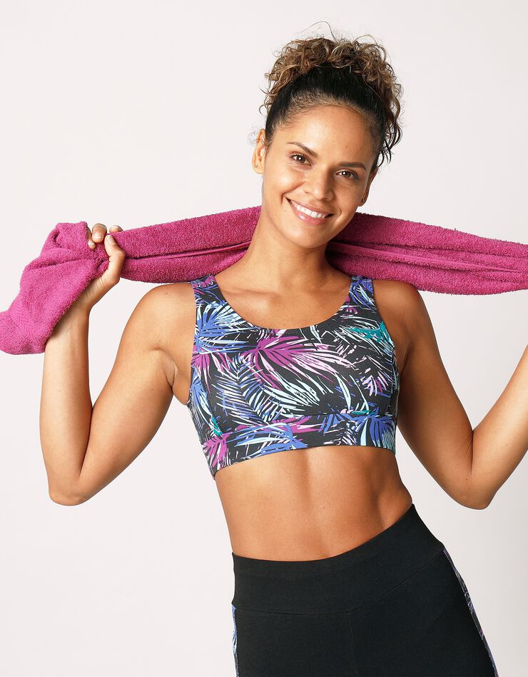Brassière de sport en coton stretch imprimé tropical (noir) Brassière de sport en coton stretch imprimé tropical (noir)